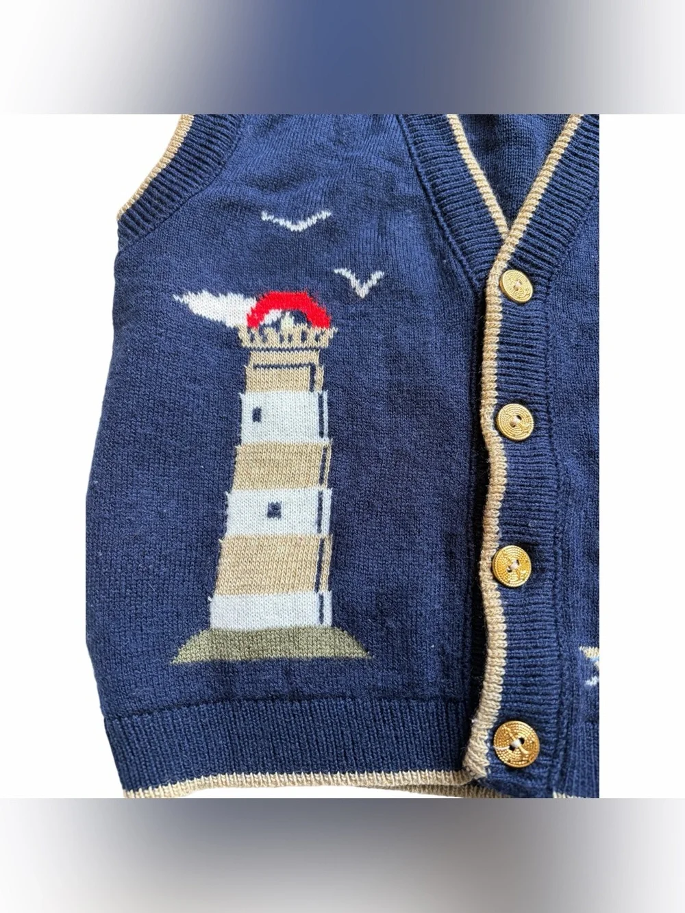 Vintage 4T Toddler Boy Knit V-Neck Vest Blue Coastal Nautical Lighthouse